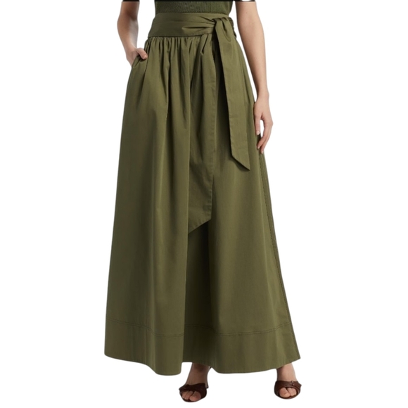 Toccin Sabine Tie Front Midi Skirt Stretch Cotton Pockets Olive S NWT